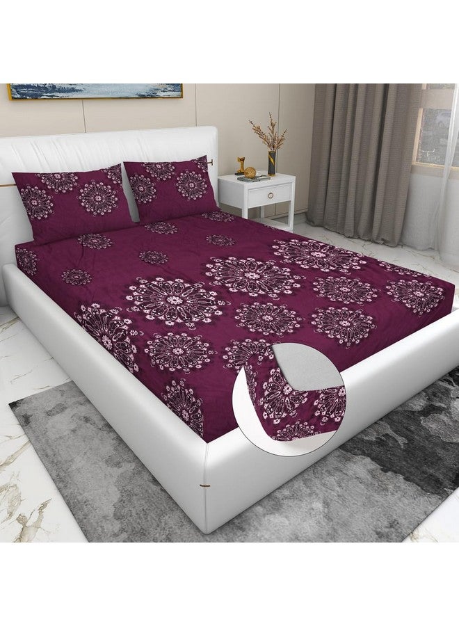 RD TREND Presents Luxurious Glace Cotton Super Soft 210 TC 360° Elastic Fitted Bedsheet King Size (78X72X8 Inch) with 2 Pillow Covers, Color- Wine, Pattern-Flower - Image 1