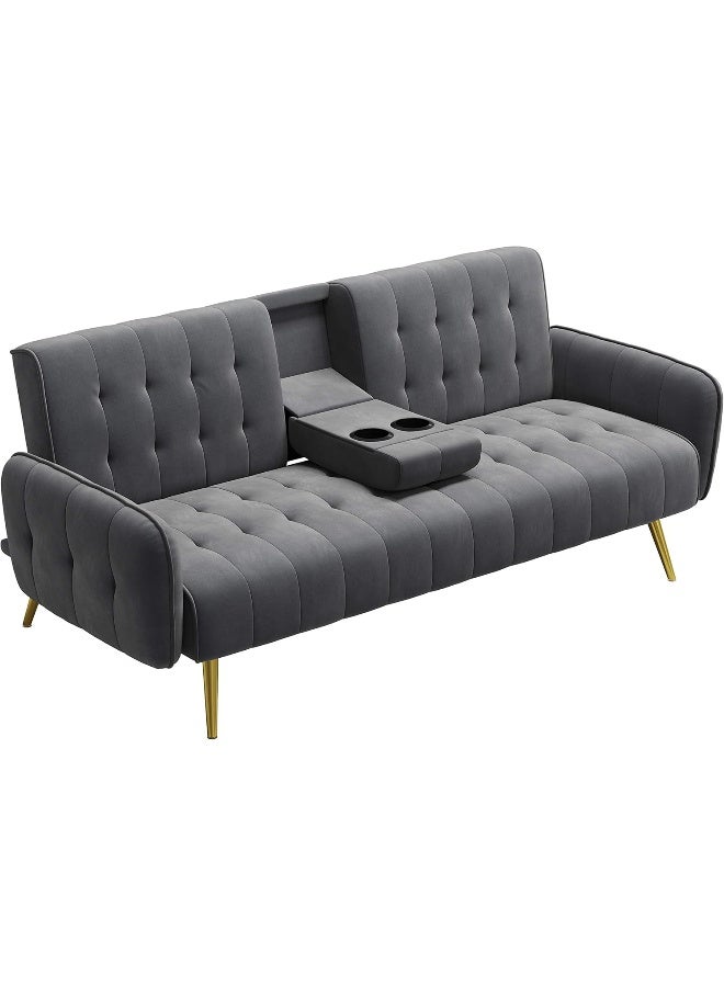 Poppins HOME Living Space Apartment Dorm Office Convertible Couch Removable Armrests Gray Sofa Bed with 2 Cup Holders (Grey) - Image 1