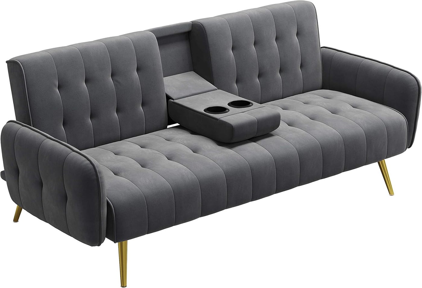 Poppins Home Living Space Apartment Dorm Office Convertible Couch Removable Armrests Gray Sofa Bed with 2 Cup Holders (Grey)