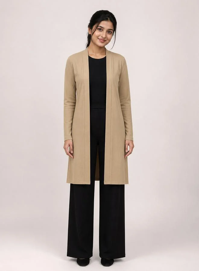 تايك تو Beige Solid Ribbed Longline Open Front Shrug By Gravt