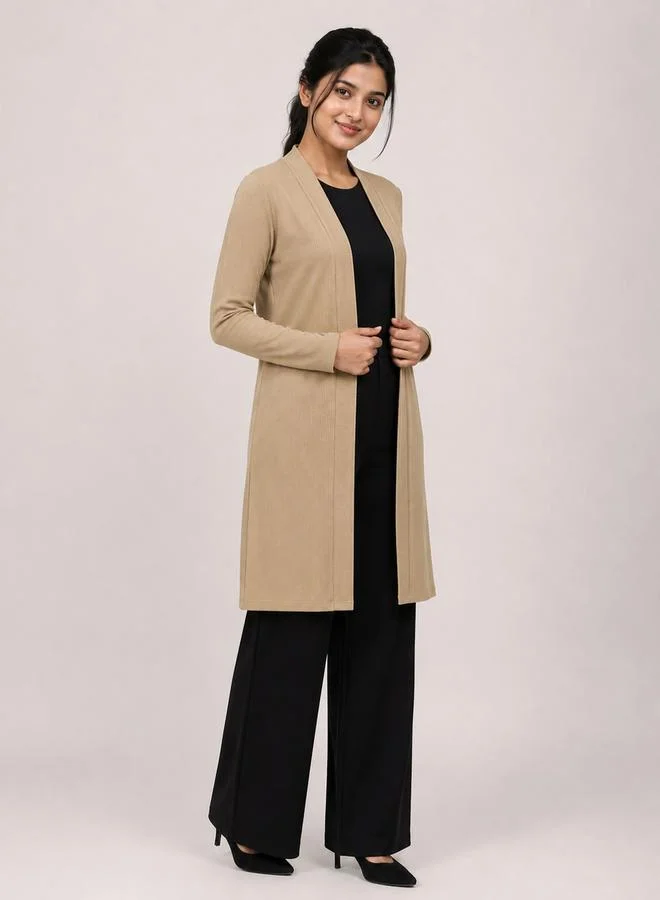 تايك تو Beige Solid Ribbed Longline Open Front Shrug By Gravt