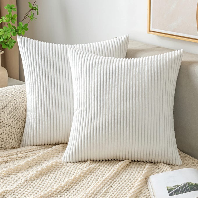 THROW PILLOW COVERS CORDUROY DECORATIVE SOFT STRIPED SQUARE CUSHION COVERS SPRING PILLOWCASES FOR COUCH SOFA BEDROOM CHAIR CAR 18X18 INCH PACK OF 2 WHITE