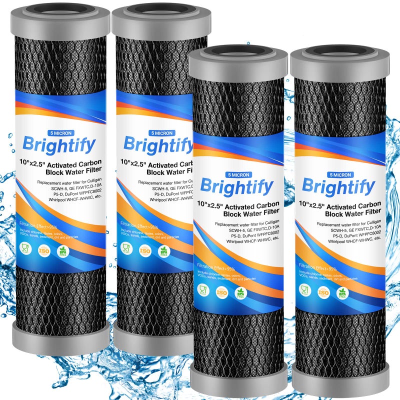 Brightify 10x25 5 Micron Carbon Water Filter Whole House Carbon CTO Water Filter Cartridge Replacement Fits Culligan D10A P5D DuPont WFPFC8002 SCWH5 GE FXWTC Whirlpool WHCFWHWC 4 Pack