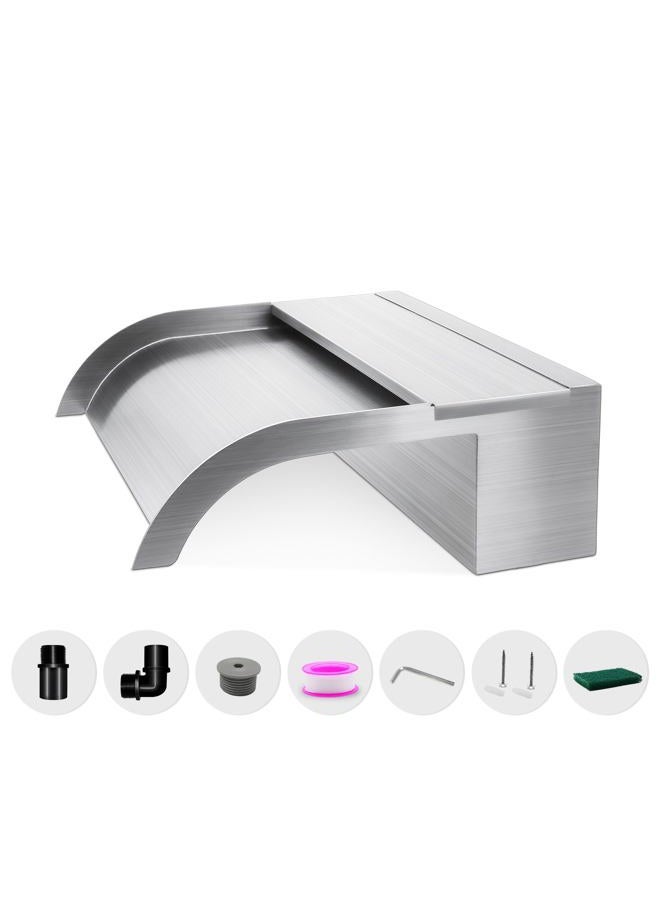 LONGRUNNEW Waterfall Spillway, Stainless Steel Pool Fountain w/Top Open Lip & Pipe Connector Kits for Outdoor/Indoor Decorative, 11.8'' Pool Water Feature for Garden Patio, Backyard Koi Pond Decor - Image 1