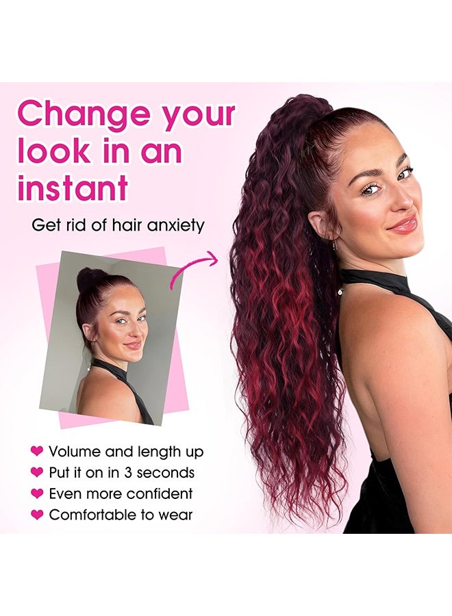 Ponytail Extension, 30 Inch Ombre Burgundy Red Ponytail Extension for Women Multi Layered Fluffy Thick Wavy Jaw Clip in Fake Pony Tails Fake Hair Soft Synthetic Hairpiece - Image 3