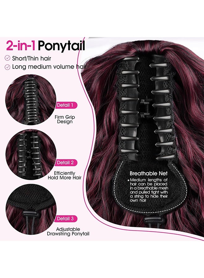 Ponytail Extension, 30 Inch Ombre Burgundy Red Ponytail Extension for Women Multi Layered Fluffy Thick Wavy Jaw Clip in Fake Pony Tails Fake Hair Soft Synthetic Hairpiece - Image 2