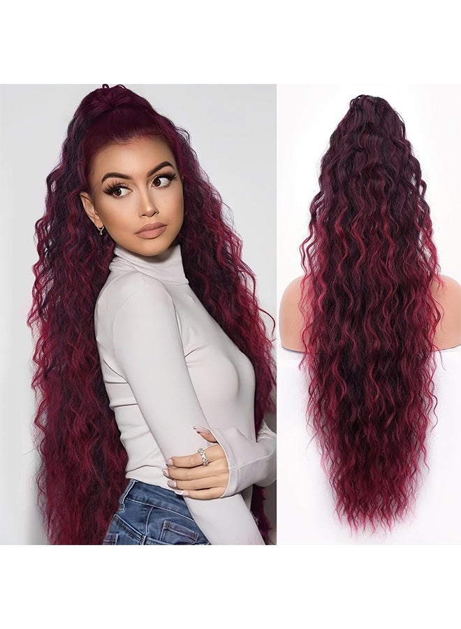 Ponytail Extension, 30 Inch Ombre Burgundy Red Ponytail Extension for Women Multi Layered Fluffy Thick Wavy Jaw Clip in Fake Pony Tails Fake Hair Soft Synthetic Hairpiece - Image 1