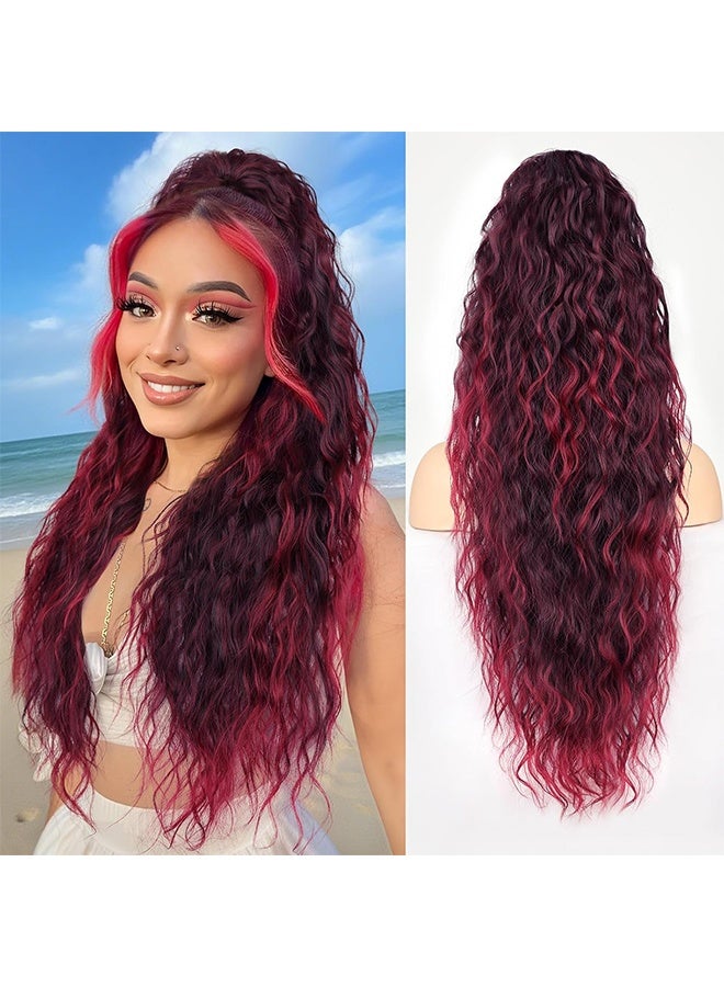 Ponytail Extension, 30 Inch Ombre Burgundy Red Ponytail Extension for Women Multi Layered Fluffy Thick Wavy Jaw Clip in Fake Pony Tails Fake Hair Soft Synthetic Hairpiece - Image 5