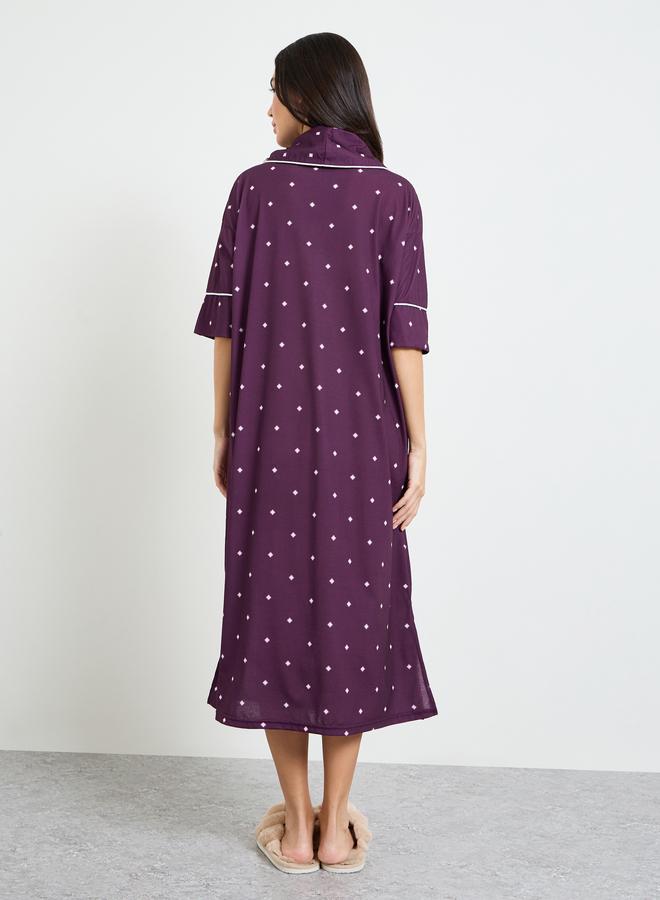 Styli Purple Contrast Piping Polka Dot Nightshirt - Image 4