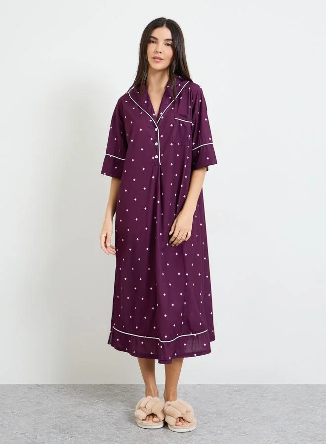 Purple Contrast Piping Polka Dot Nightshirt