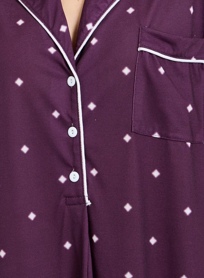 Styli  Purple Contrast Piping Polka Dot Nightshirt for Women | Best Price UAE