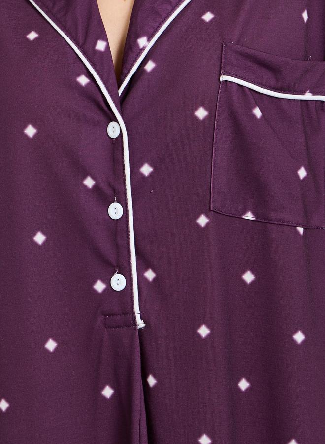 Styli Purple Contrast Piping Polka Dot Nightshirt - Image 3