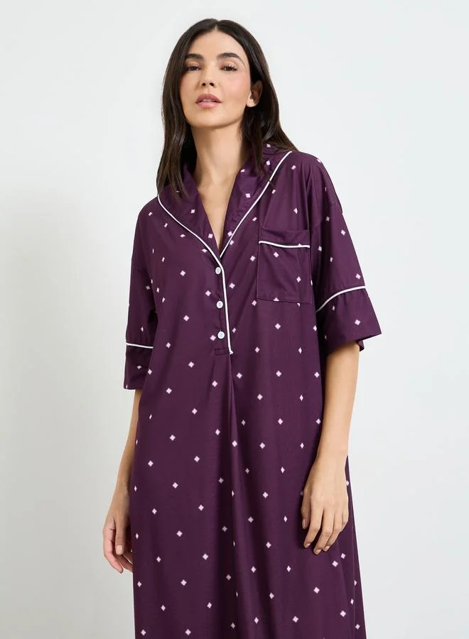 Styli Purple Contrast Piping Polka Dot Nightshirt