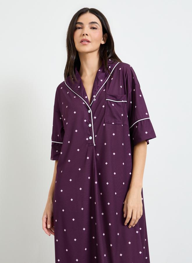 Styli Purple Contrast Piping Polka Dot Nightshirt - Image 2