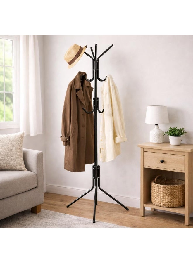 رف قائم بذاته، عملي، مصنوع من المعدن، حامل معاطف بستة خطافات، منظم أرضي لغرفة النوم، غرفة المعيشة، المكتب، المدخل، لتعليق الملابس والقبعات والحقائب والسترات، صغير الحجم وموفر للمساحة، 42 × 165 سم (أسود) - Image 1
