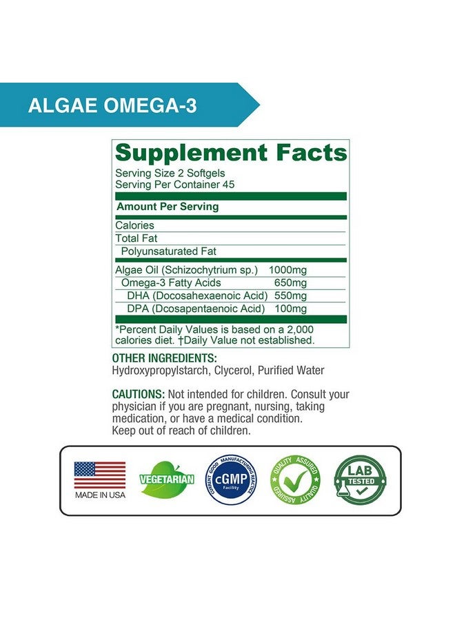 Lovita لوفيتا أوميغا-3 من الطحالب، DHA و DPA نباتي وقائم على النباتات، بديل زيت السمك، 1000 ملغ زيت الطحالب، يدعم صحة القلب والدماغ، خالي من الكاراجينان، 90 كبسولة لينة - Image 5