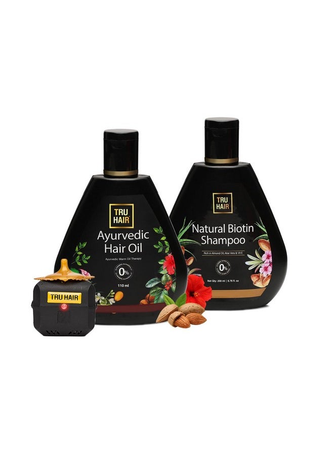 TRU HAIR Ayurvedic Hair Oil With Free Heater (110 Ml) + Biotin Shampoo (200 Ml) | For Hair Fall, Dandruff, Split Ends, Hair Growth  - Image 1