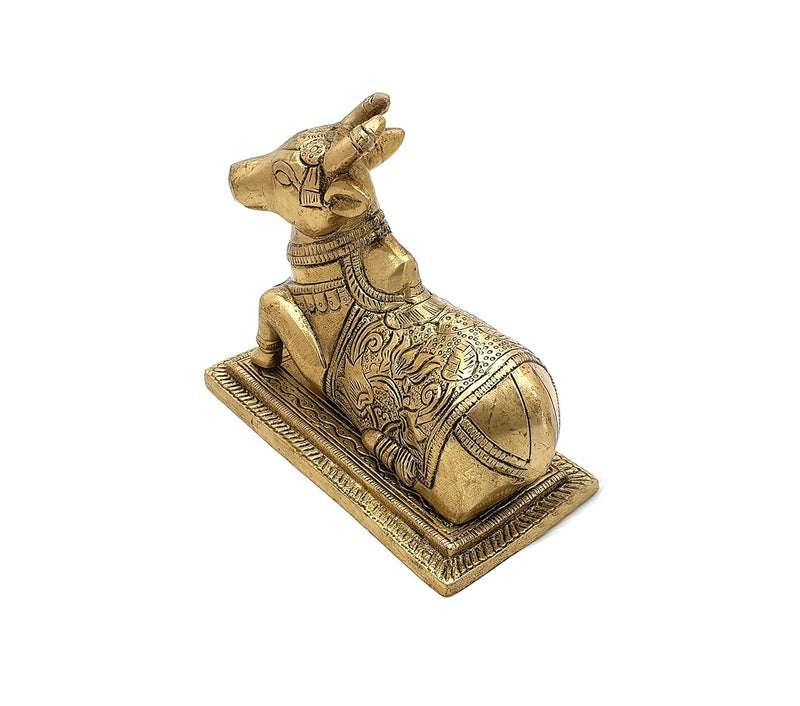 Two Moustaches Lotus Engraved 5 Inches Brass Nandi Cow Over Base Statue Brass Nandi Idol Nandi Statue for HomeTemple Standard Pack of 1 Lord ShivaShiva - Image 3