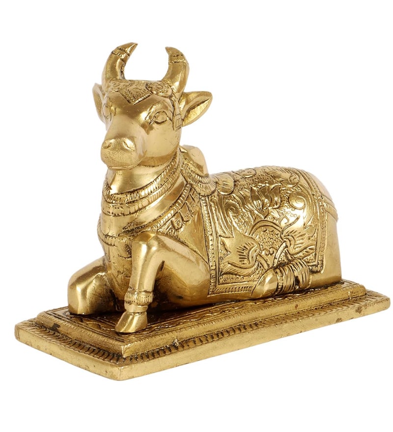 Two Moustaches Lotus Engraved 5 Inches Brass Nandi Cow Over Base Statue Brass Nandi Idol Nandi Statue for HomeTemple Standard Pack of 1 Lord ShivaShiva - Image 2