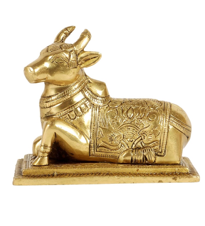 Two Moustaches Lotus Engraved 5 Inches Brass Nandi Cow Over Base Statue Brass Nandi Idol Nandi Statue for HomeTemple Standard Pack of 1 Lord ShivaShiva - Image 1