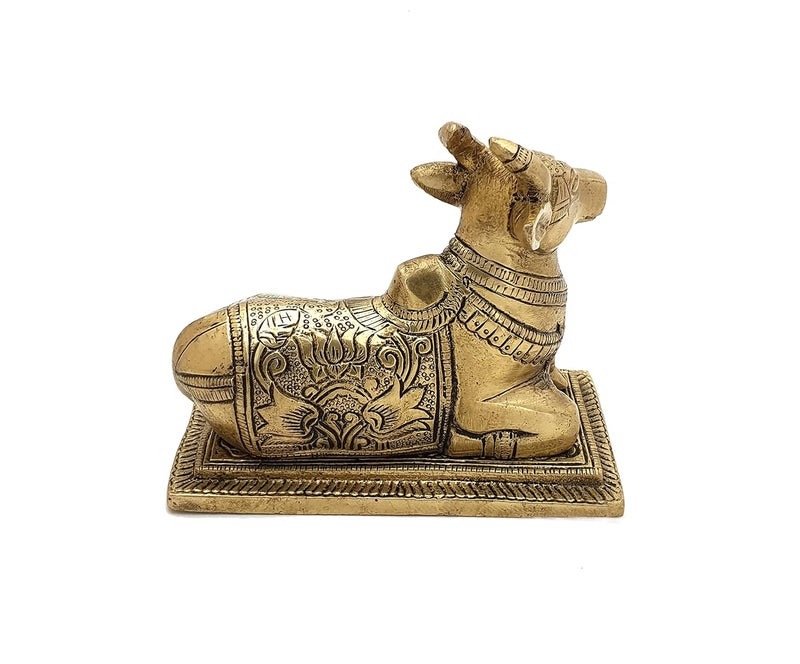 Two Moustaches Lotus Engraved 5 Inches Brass Nandi Cow Over Base Statue Brass Nandi Idol Nandi Statue for HomeTemple Standard Pack of 1 Lord ShivaShiva - Image 4