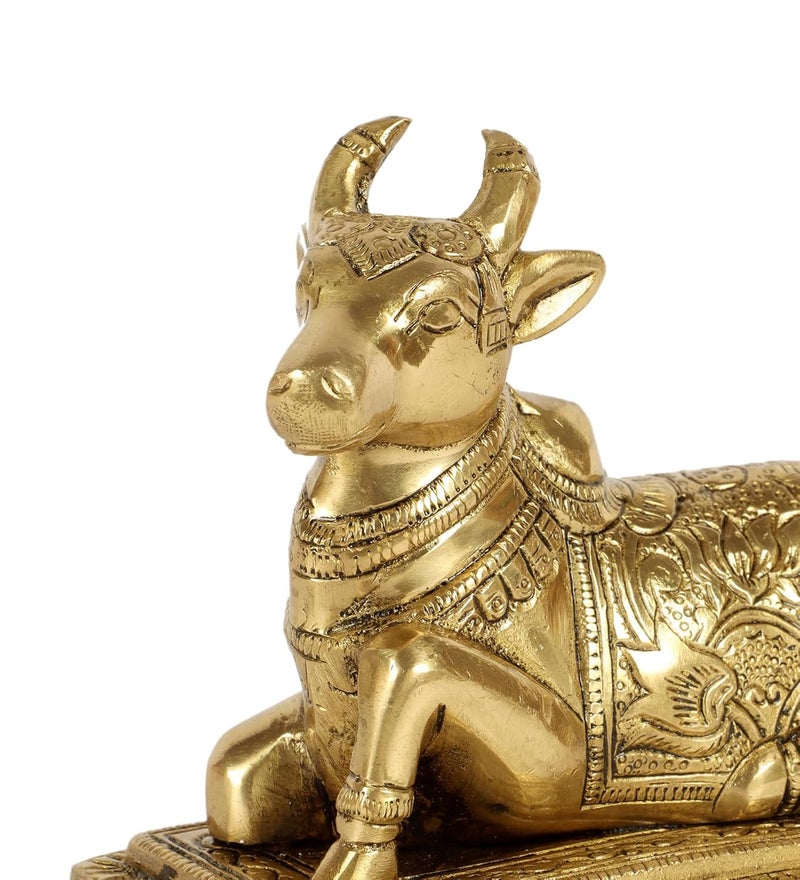 Two Moustaches Lotus Engraved 5 Inches Brass Nandi Cow Over Base Statue Brass Nandi Idol Nandi Statue for HomeTemple Standard Pack of 1 Lord ShivaShiva - Image 5