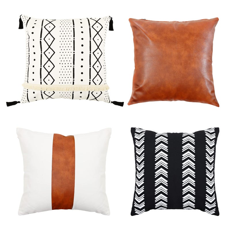 GALMAXS7 Boho Throw Pillow Covers 20 x 20 Set of 4Faux Leather Throw Pillow CoversModern Farmhouse Decorative Pillow Cover Sets for Living Room Couch Sofa BedBlack and White Pillow Covers