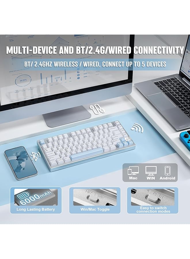YUNZII Al75 Pro 75% Wireless Gaming Keyboard Bt/2.4G/Wired Aluminium Mechanical Keyboard With Pbt Keycaps Gasket Mounted Hot Swap Rgb Custom Keyboard For Mac/Win (Silver Cocoa Cream V2 Switch)  - Image 3