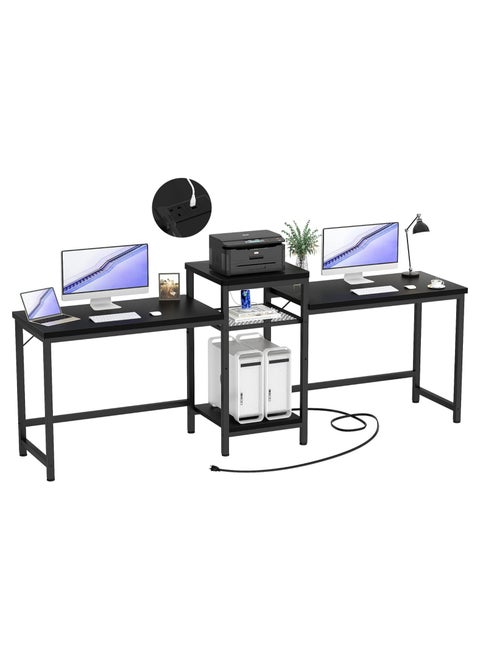 Double Desk with Power Outlet, with Open Storage Shelves and Printer Stand 2 Person computer table, for Home Office, Student Study. Black