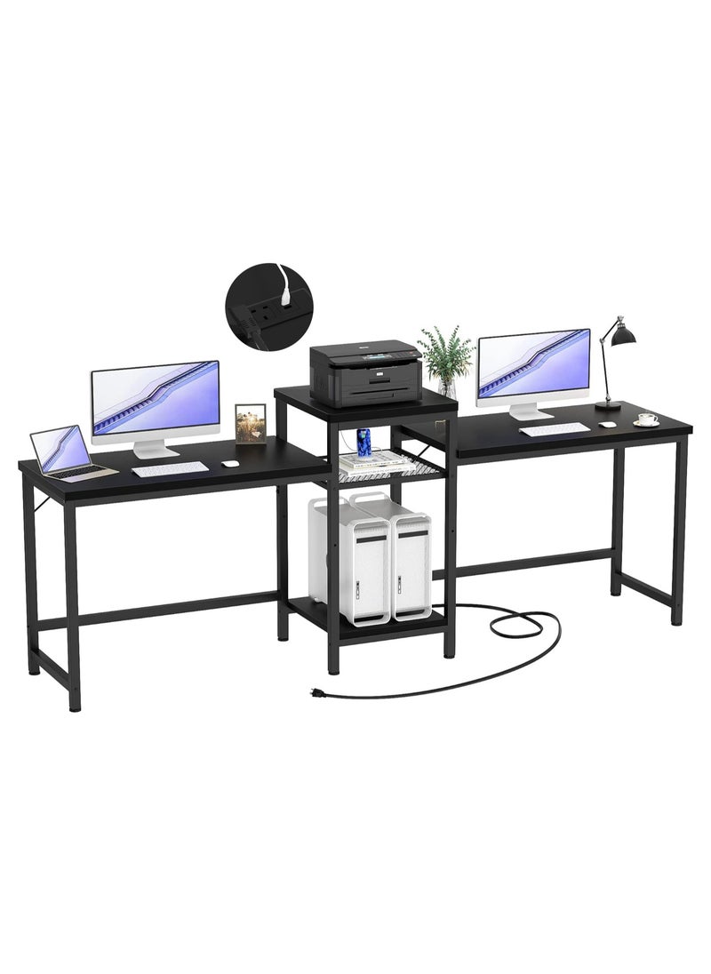 JINQI - Double Desk with Power Outlet, with Open Storage Shelves and Printer Stand 2 Person computer table, for Home Office, Student Study. Black - Image 1