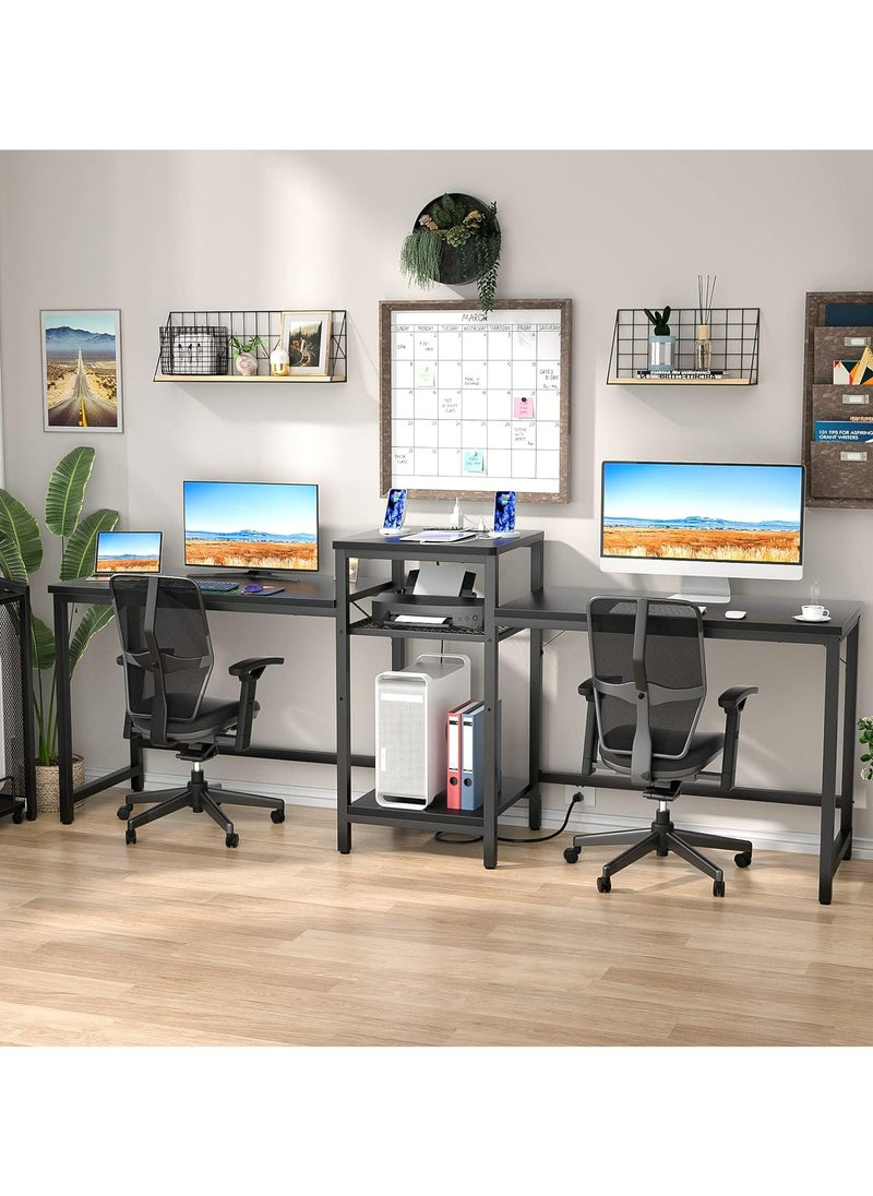 JINQI - Double Desk with Power Outlet, with Open Storage Shelves and Printer Stand 2 Person computer table, for Home Office, Student Study. Black - Image 1