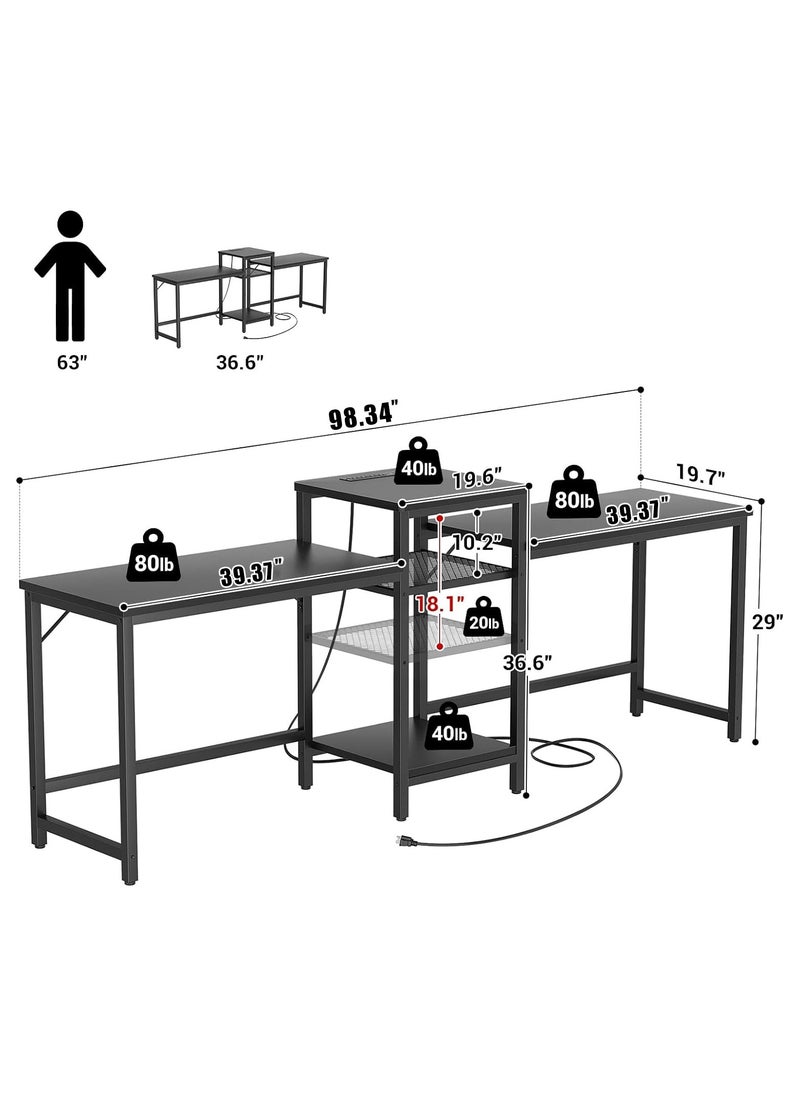 JINQI - Double Desk with Power Outlet, with Open Storage Shelves and Printer Stand 2 Person computer table, for Home Office, Student Study. Black - Image 1