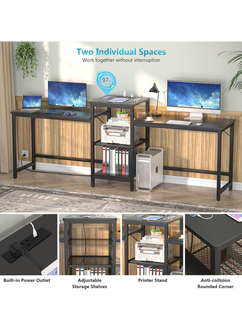 JINQI - Double Desk with Power Outlet, with Open Storage Shelves and Printer Stand 2 Person computer table, for Home Office, Student Study. Black - Image 1