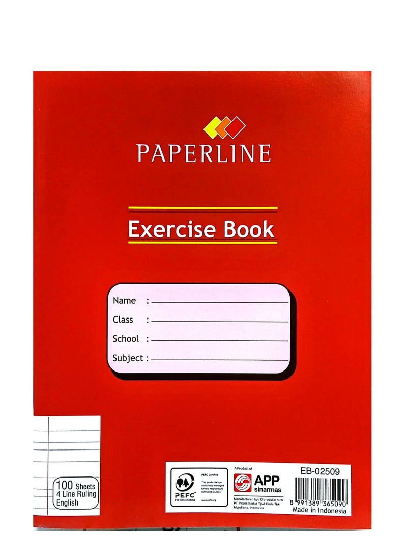 paperline 4-Line A5 Ruling Exercise Book English 100 Sheets Red Color Pack Of 4 - Image 2