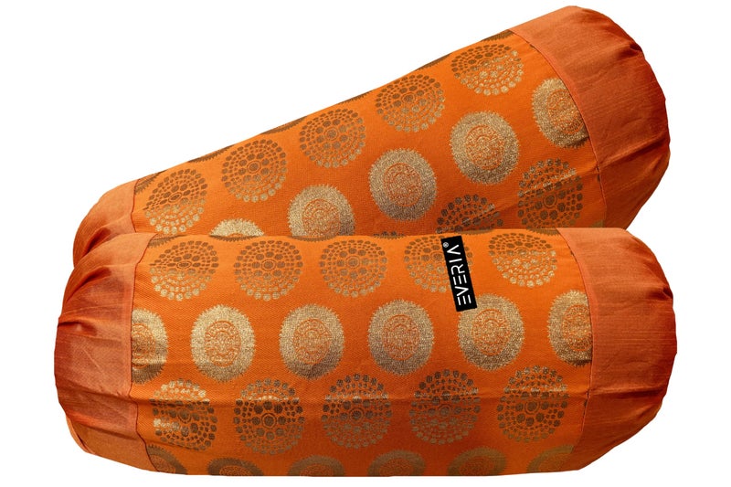 EVERIA® Dupion Silk Brocade Bolster Cover (16x31 inches Approx) Pack of 2 (Orange) - Image 1