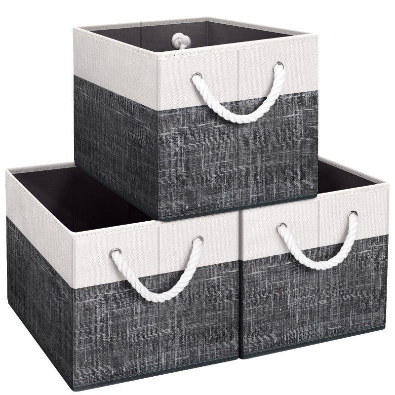 Fab totes Fab totes Storage Bins 3Pack Foldable Storage Baskets for Organizing Toys Books Shelves Closet Large Storage Box with Rope Handles Sturdy Organizer Bins White  Black 
