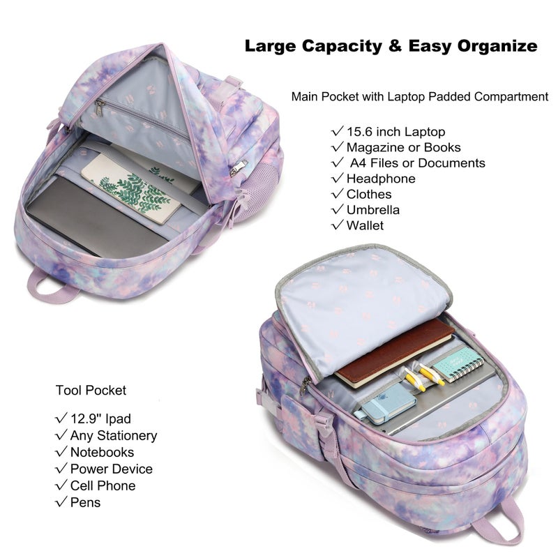 Hidds Laptop Backpacks 15.6 Inch College Backpack Elementary Middle High School Book Bag Cute Bookbags Anti Theft Travel Back Pack Casual Daypack Kids for Teens Girls Women Students (Tie-Dye Purple) - Image 3