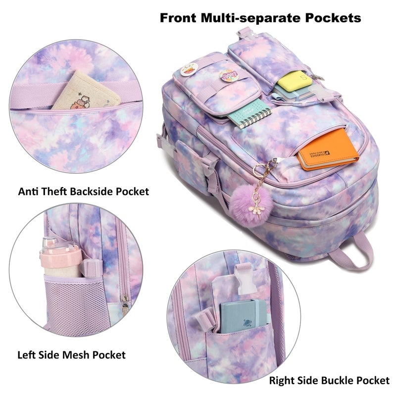 Hidds Laptop Backpacks 15.6 Inch College Backpack Elementary Middle High School Book Bag Cute Bookbags Anti Theft Travel Back Pack Casual Daypack Kids for Teens Girls Women Students (Tie-Dye Purple) - Image 4