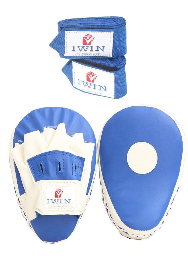 IWIN Boxing/Karate Focus Pads Curved 1 Pair (Blue) with 1 Pair Hand Wraps, Standard - Image 2