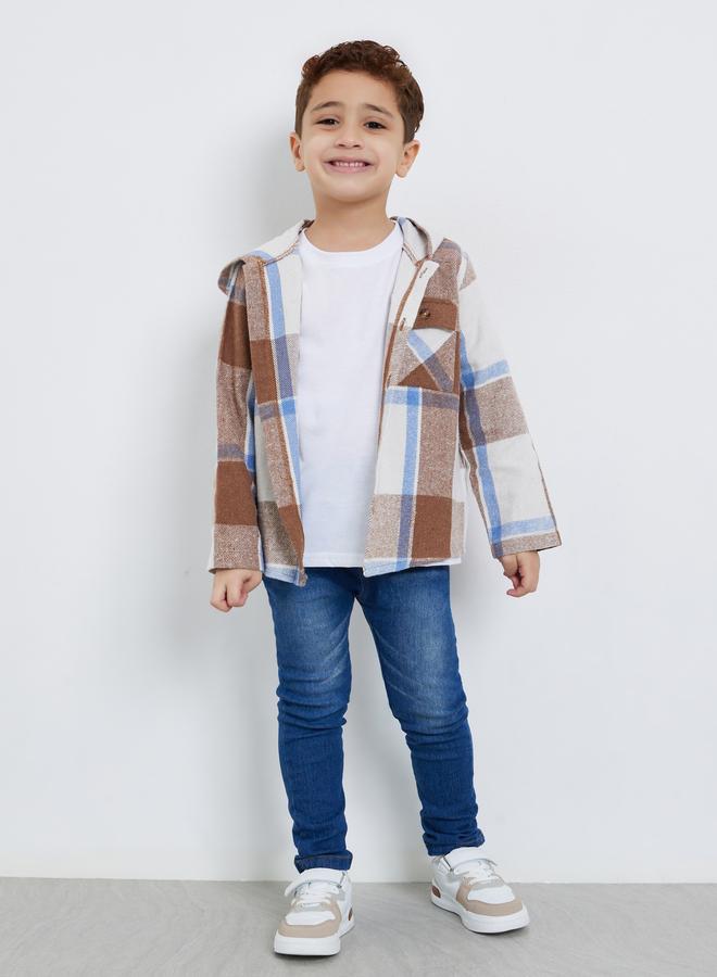 ستايلي شاكيت بنمط مربعات مع ياقة هودي - Image 2