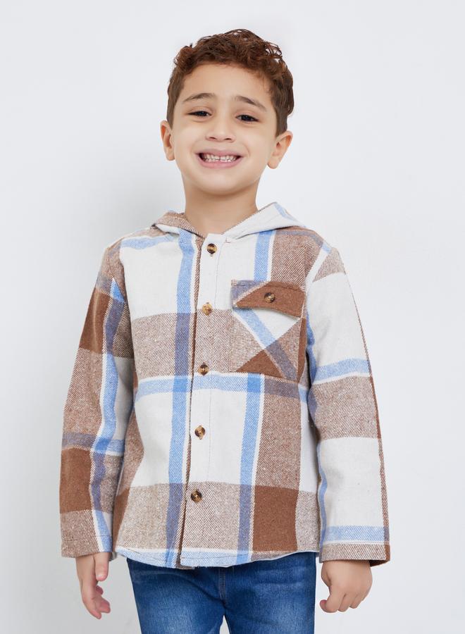 ستايلي شاكيت بنمط مربعات مع ياقة هودي - Image 3