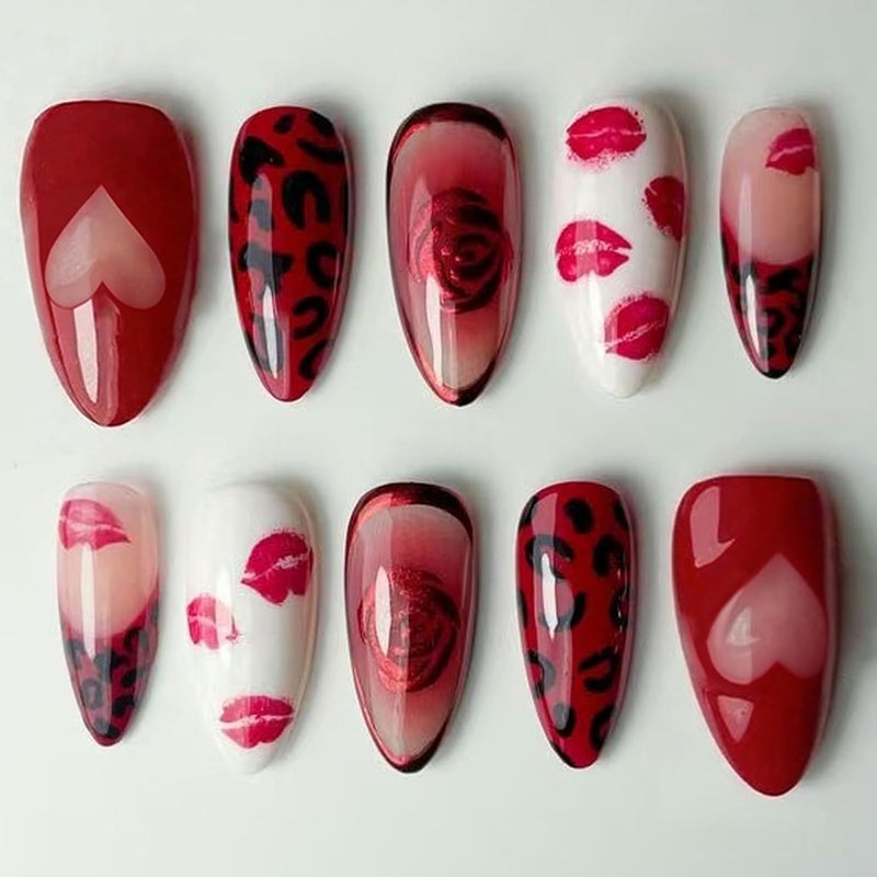 Pack of 30 Artificial Nails with Red Lips Heart Rose Design Fake Nails for Fashionable Styles Easy Application Red Lip Print Nail - Image 2