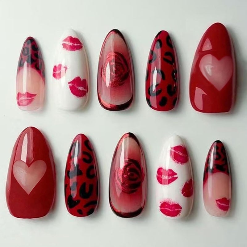 Pack of 30 Artificial Nails with Red Lips Heart Rose Design Fake Nails for Fashionable Styles Easy Application Red Lip Print Nail - Image 1