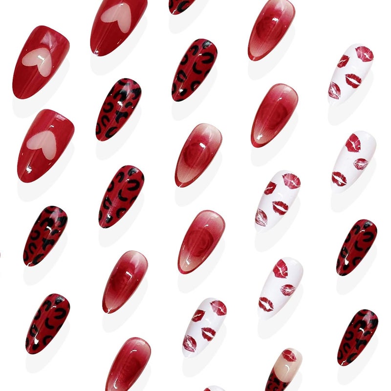 Pack of 30 Artificial Nails with Red Lips Heart Rose Design Fake Nails for Fashionable Styles Easy Application Red Lip Print Nail - Image 3