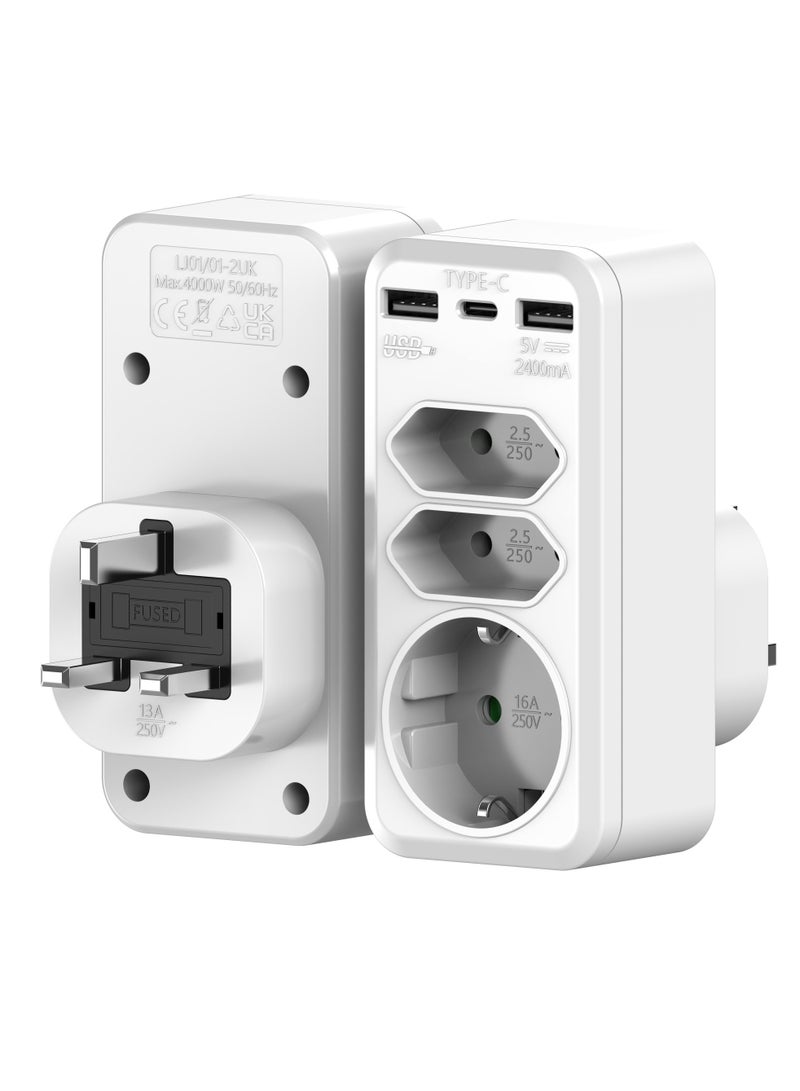 عام محول قابس بريطاني قياسي مزوّد بمنافذ شحن من نوع Type-C وUSB، يلبي احتياجات الطاقة لأجهزة متعددة. - Image 1