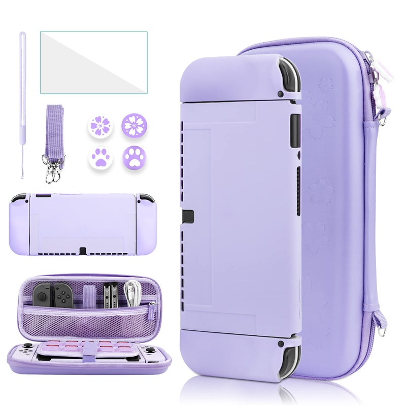 GLDRAM Purple Sakura Carrying Case for Nintendo Switch OLED Console JCon 9 in 1 Accessories Bundle for Girls with Portable PU Travel Case Silicon Switch OLED Protective Skin Cover