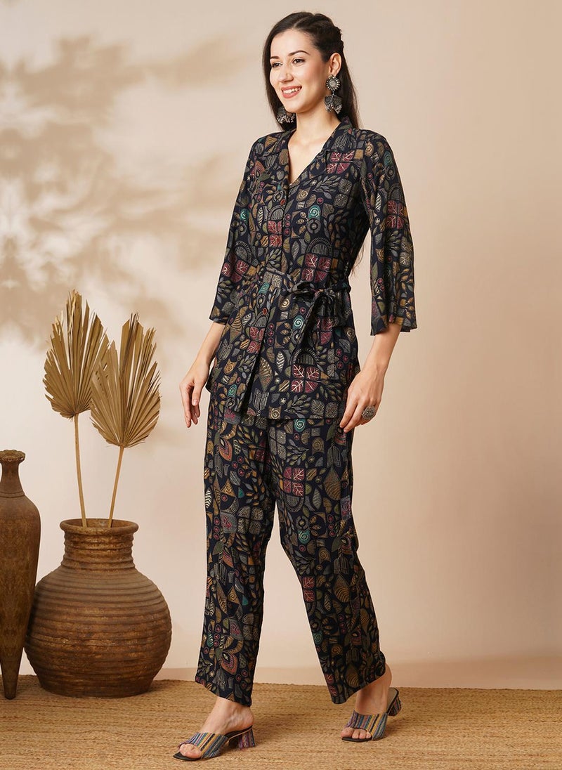 Globus Women Blue Abstract Gold Foil Print Shirt Style Top & Pant - Image 3