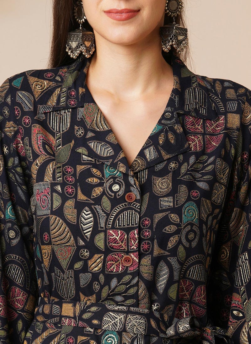 Globus Women Blue Abstract Gold Foil Print Shirt Style Top & Pant - Image 5