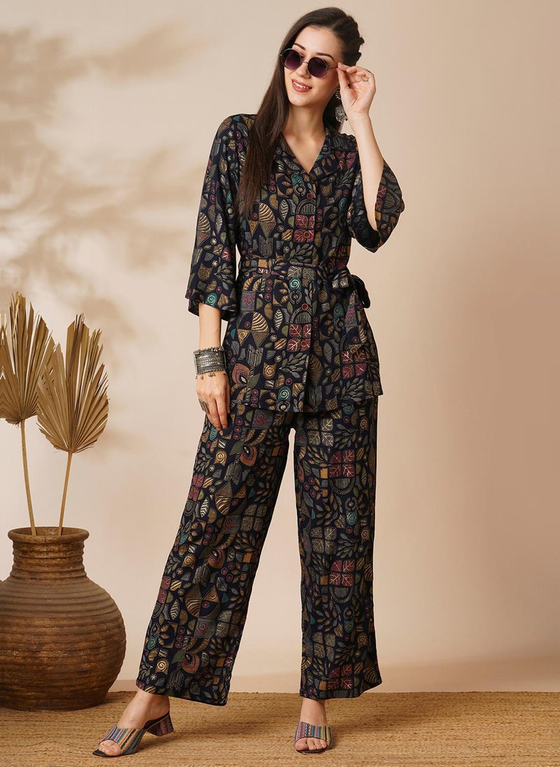 Globus Women Blue Abstract Gold Foil Print Shirt Style Top & Pant - Image 1