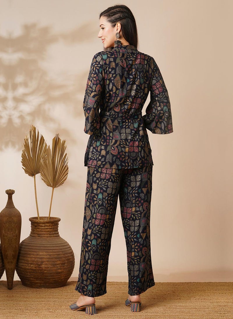 Globus Women Blue Abstract Gold Foil Print Shirt Style Top & Pant - Image 4